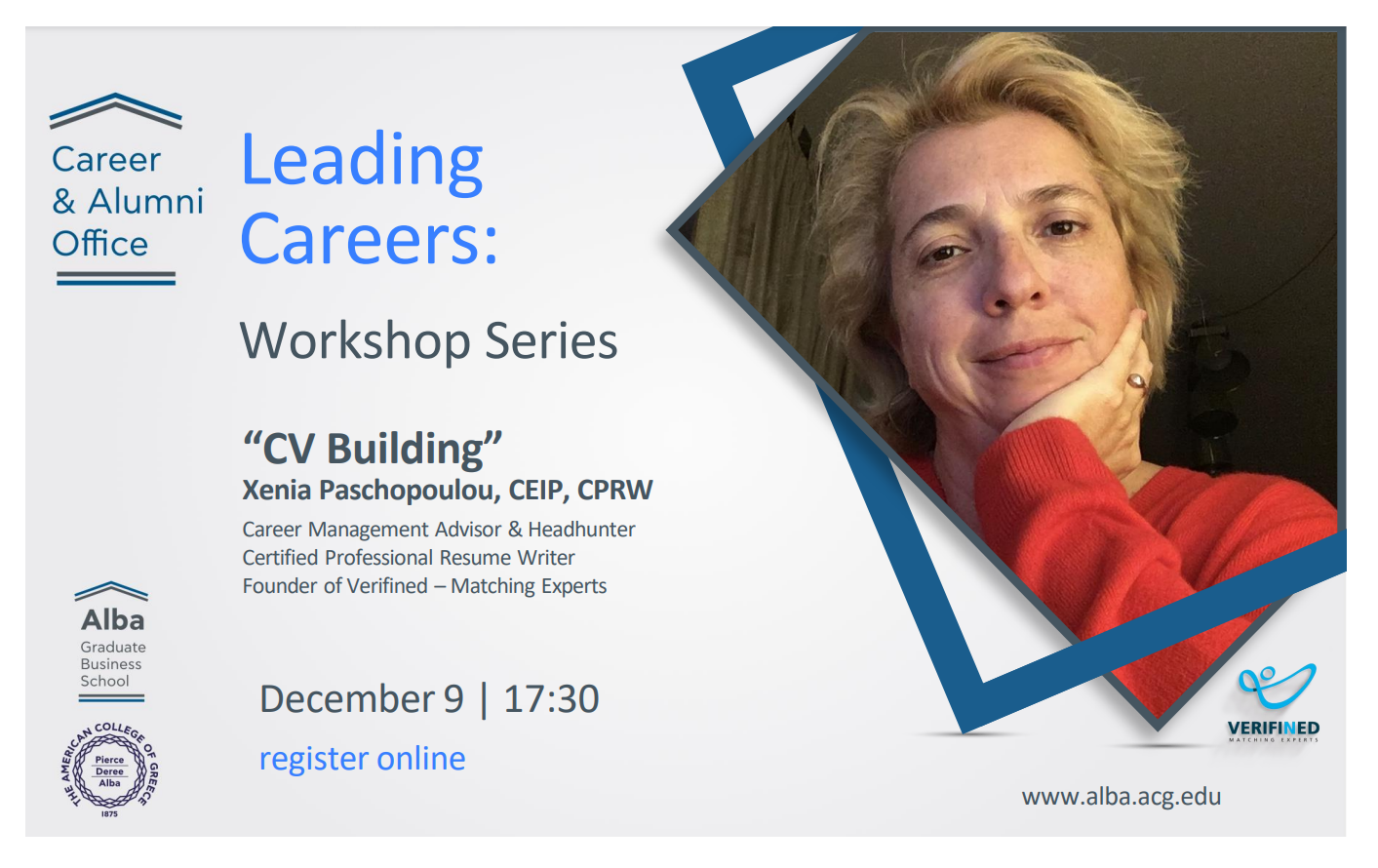 ALBA CV Building workshop, December the 9th, with Xenia Paschopoulou, Founder of Verifined